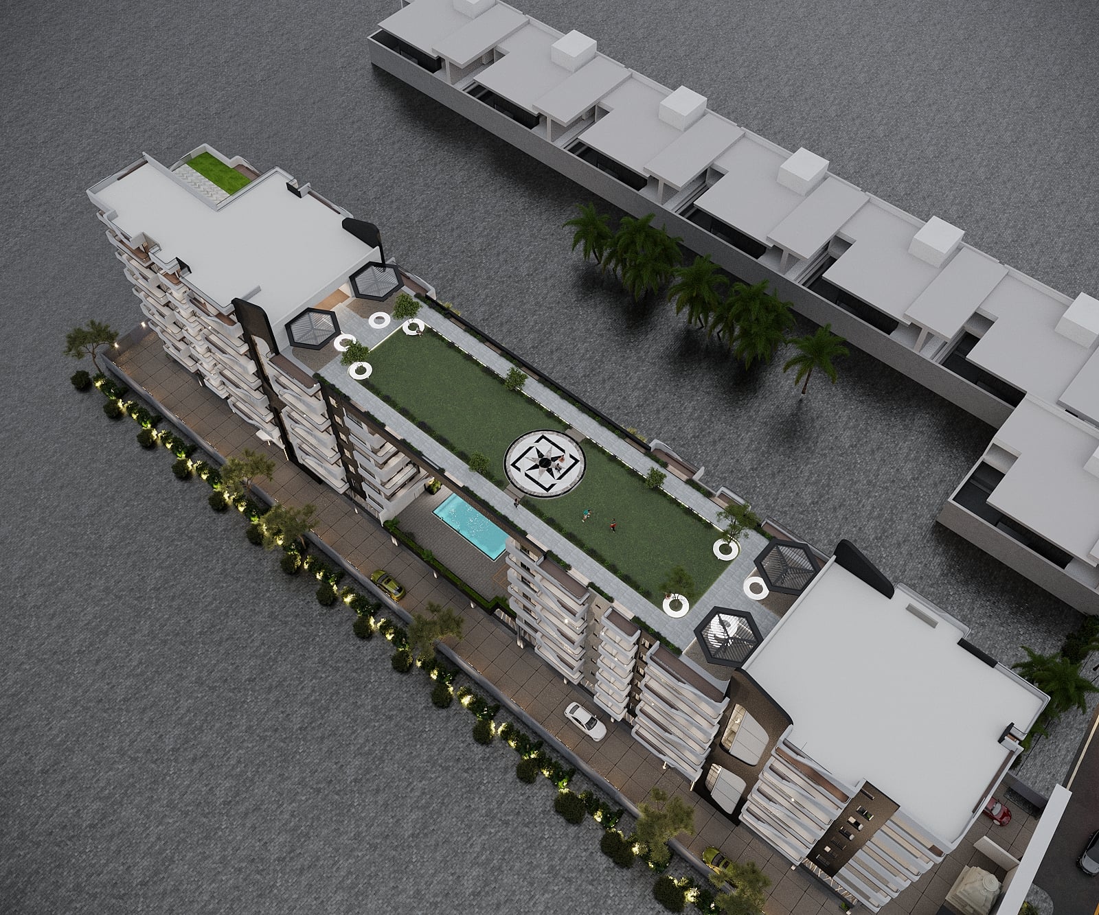 Skyline terrace garden with landscaped green spaces and city views